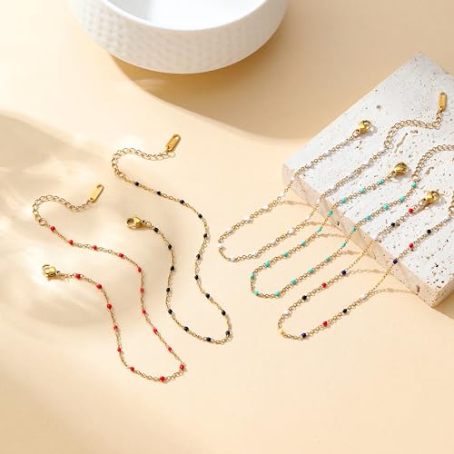 Image of Dainty Ankle Bracelets for Women 18K Gold Plated Beaded Anklet Chain Simple Tiny Beads Anklet Waterproof Minimalist Summer Beach Foot Jewelry Gifts