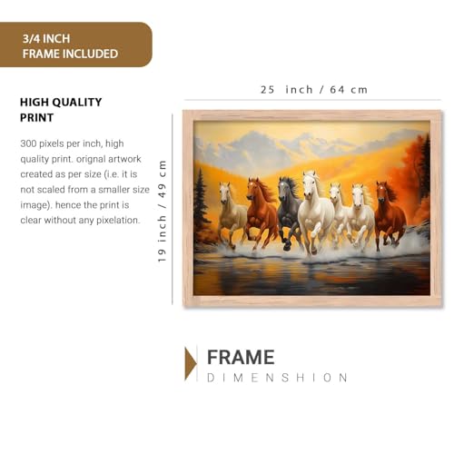 Image of HOTHOUSE Seven Running Vastu Lucky Horse Rising Sun Painting Wall Decor | 7 Horses Vastu Frame Wall Art Painting for Living Room Bedroom Office Home Decor Size (19X25 inch)