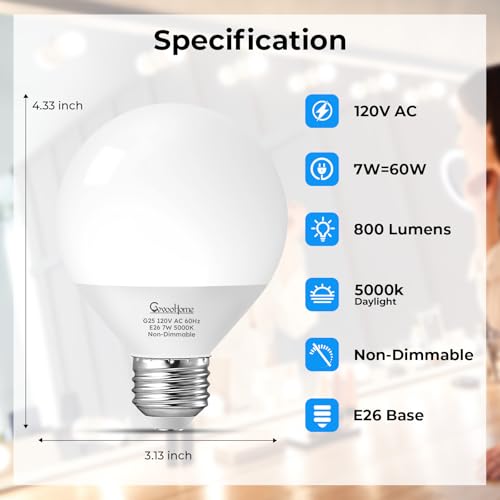 Image of GvvooHome Vanity Light Bulbs for Bathroom, G25 LED Globe Light Bulbs for Makeup Mirror Dressing Room, 60W Equivalent, 5000K Daylight, 800LM, E26 Base, Non-Dimmable, 4-Pack