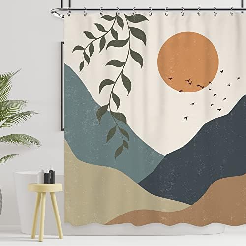Ufeela Abstract Boho Mid Century Mountain Shower Curtain 60Wx72L Inch Sun and Tropical Leaf Modern Minimalist Landscape Brown Bathroom Set Aesthetic Bath Curtain Bathtub Accessories Home Decor
