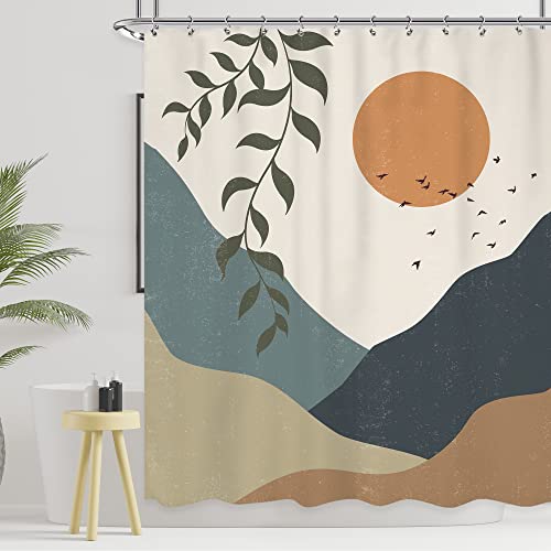 Ufeela Abstract Boho Mid Century Mountain Shower Curtain 60Wx72L Inch Sun And Tropical Leaf Modern Minimalist Landscape Brown Bathroom Set Aesthetic Bath Curtain Bathtub Accessories Home Decor #TOP16