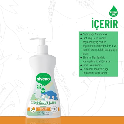 Siveno%100 Doğal Sıvı Kastil Sabun Portakal Yağlı Tazeleyici Nemlendirici Arındırıcı Bitkisel Vegan 300 ml