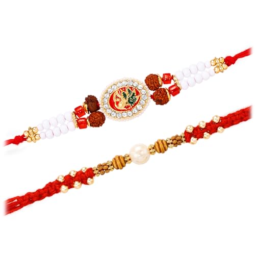 Image of Peora Rakhshabandhan Thread Rakhi for Brother Bhaiya | Kundan Beads & Crystal Studded | Combo Set of 2 | Rakhi Hamper Roli Chawal & Greeting Card