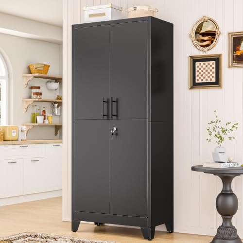 Image of PAOFIN Metal Kitchen Pantry Cabinet, 71 inch Tall Storage Cabinet with Lock Doors and Shelves, Freestanding Cupboard for Dining Room Living Room Furniture, Black
