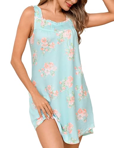 Litherday Nachthemd Damen Ärmelloses Schlafshirt Kurz Nachtwäsche Sommer Nachtkleid Breite Schultergurte Sleepshirt mit Blumenmuster Blau S