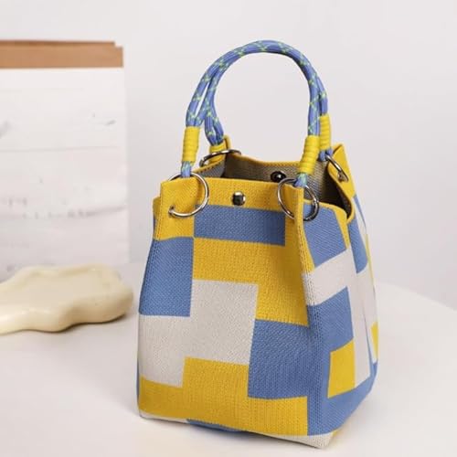 Bolso tote para mujer, bolso de cubo tejido mini, bolso tote tejido para viaje con rayas o cuadrados, bolso de ganchillo para regalos de cumpleaños y festividades miniatura 1