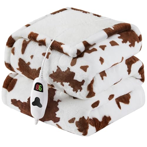 Heated Electric Blanket Throw 50X60 Brown Heating Blanket with 10 Heats Levels & 8 Hours Auto Off Cow Print Western Highland Cow Decor Stuff Fleece Sherpa Blankets Warmer Gifts for Women Adults