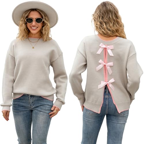Amilia Women's Casual Drop Shoulder Long Sleeve Reversible Cute Bowknot Knitted Pullover Short Sweatershirts Jumper Tops