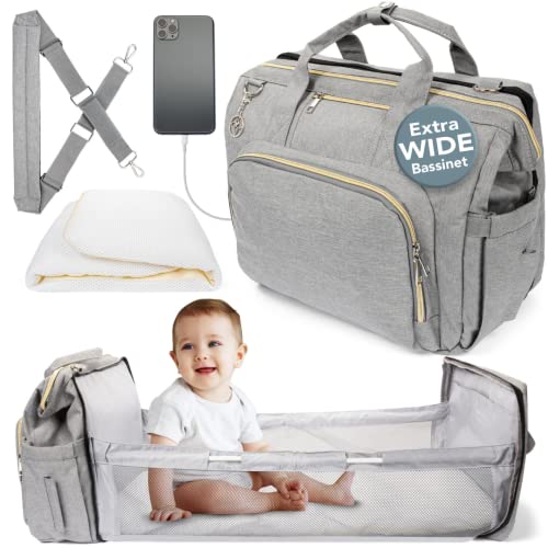 Baby Diaper Bag with Changing Station - Waterproof, Large Capacity - Tote Travel Baby Bag with Bassinet and Changing pad for Boys and Girls, USB Port, Grey - Smart Companion for Mom and Dad