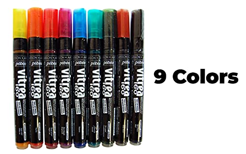 Pebeo Vitrea 160 Assorted Glossy Glass Paint Markers - Set of 9 Assorted Colors, DIY Arts and Crafts Painting Supplies, Microwave and Dishwasher Safe Formula (118100)