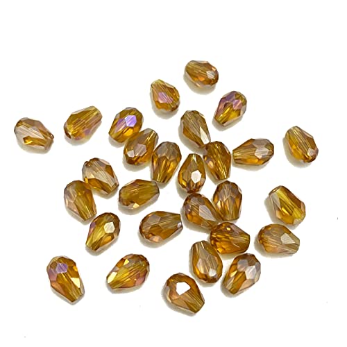 LIMAOLLY 120 Pieces Amber Crystal Glass Beads Teardrop Vertical Hole 6x8mm Faceted Shape Crystal AB Spacer Beads for Jewelry Making DIY Bracelet Necklaces Pendant Handmade Decorations(Amber AB, 6x8mm)