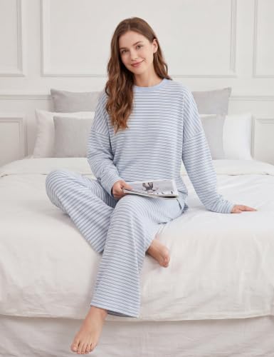 Image of MISSACTIVER Women's 2 Piece Striped Lounge Set Long Sleeve Oversized T-Shirt Wide Leg Pants Matching Pajamas Set