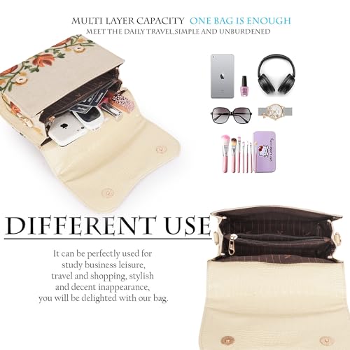 Image of Floral Embroidered Crossbody Sling Bag with Top Handle, Vintage Style Canvas for Women