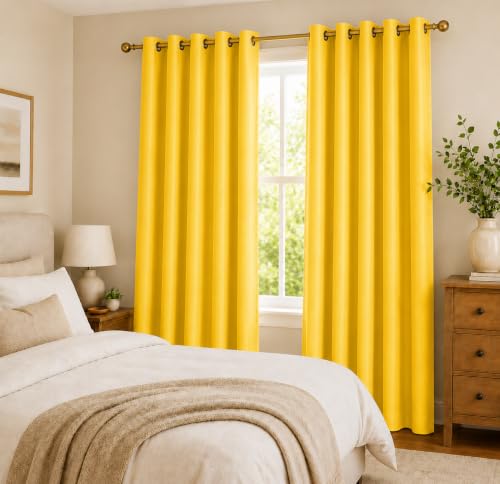 Image of Polyester Eyelet Door Curtain, Solid Plain Light Filtering Curtain for Bedroom, Living Room & Home Office, 7 Feet (84 x 48 Inch), Yellow, Pack of 2