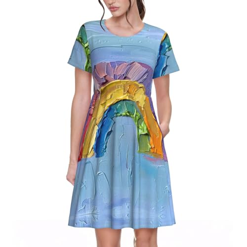 Robe de plage arc-en-ciel à col rond au design multicolore et à la coupe fluide
