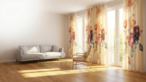 Image of Floral Printed Window Curtain for Living Room & Bedroom | Premium Polyester Door Curtain | Elegant Flower Design Drapes | Light Filtering Home Decor Curtain | Cream Multicolor (2 Pcs)