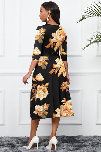 Image of CLOCOR Midi Dresses for Women Casual A-Line Fit and Flare Dress Crewneck 3 /4 Sleeve Keyhole Cocktail Party Church Dress