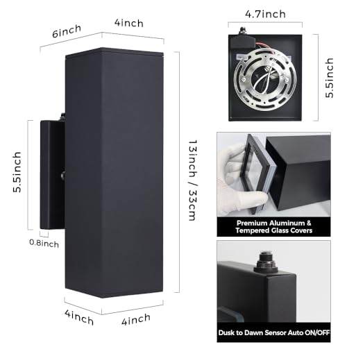 Image of Cerdeco 13 inch Black Square Modern Dusk to Dawn Outdoor Wall Light,2 Pack | E26 Base,UL listed,Aluminum Up and Down Lights Outdoor Exterior Wall Light Fixture Porch Light for House Garage Patio Garden
