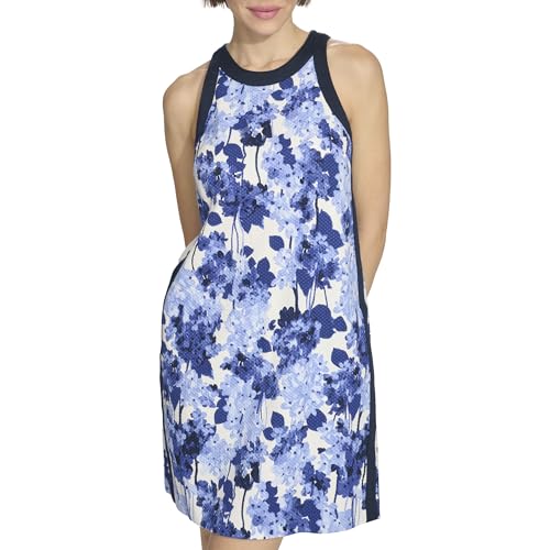 Tommy Hilfiger Strukturiertes Neckholder-Etuikleid für Damen, Elfenbeinweiß, mehrfarbig/Sky Captain 2, Elfenbeinfarben Multi/Sky Captain, 32
