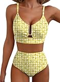 Herseas Women U Wire Two Piece Bikini Sets Floral Print Swim Suits Crisscross Back High Waisted Tummy Control Flattering Bathing Suit Fashionable Swim Outfits Summer Lemon Check Print Small