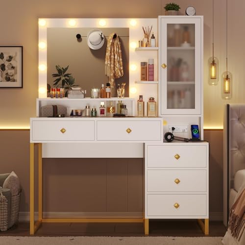 Reviews de Tocadores disponible en línea. 49 MYXSRI Tocador, Vanity con Espejo y Luces LED Ajustables, Tocador de Maquillaje con Luces y Estación de Carga, 5 Cajones y Estantes de Almacenamiento para Recamara, 100 * 40 *...