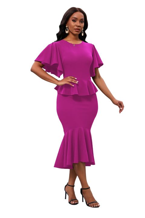 Image of Womens Summer Ruffle Short Sleeve Fishtail Dress Evening Cocktail Formal Peplum Midi Mermaid Dresses Elegant