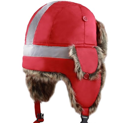Image of Faux Fur Safety Reflective Aviator Trapper Hat Snow Ski Trooper Winter Cap