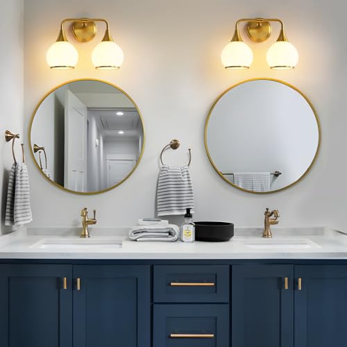 Image of Brushed Gold Bathroom Light Fixtures 2-Lights Vanity Lights with Milky White Frosted Glass Shade Bathroom Vanity Light 14 inch Wall Sconce Lighting Bath(Exclude E26 Bulb)