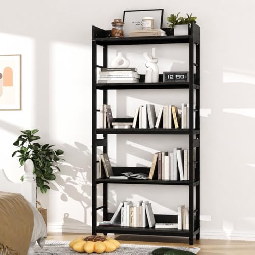Image of 5-Tier Kitchen Organizer Rack Shelf | Heavy Duty Metal & Wooden| Industrial Bookcase | Kitchen Storage Office & Living Room | Black | 80x30x166 cm