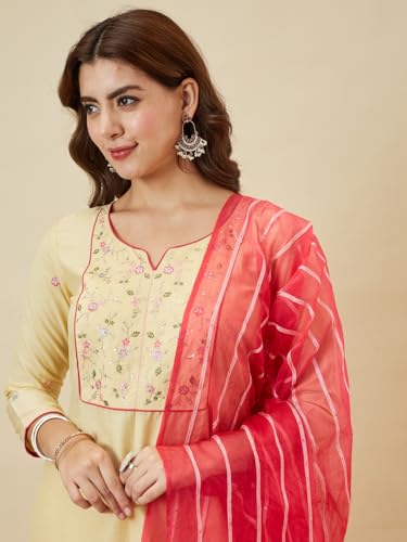 Image of MOKOSH Women's Kurta Pant Dupatta Set | Chinon Embroidered Straight Kurta with Pants and Striped Contrast Organza Dupatta, Traditional Indian Ethnic Suit Set