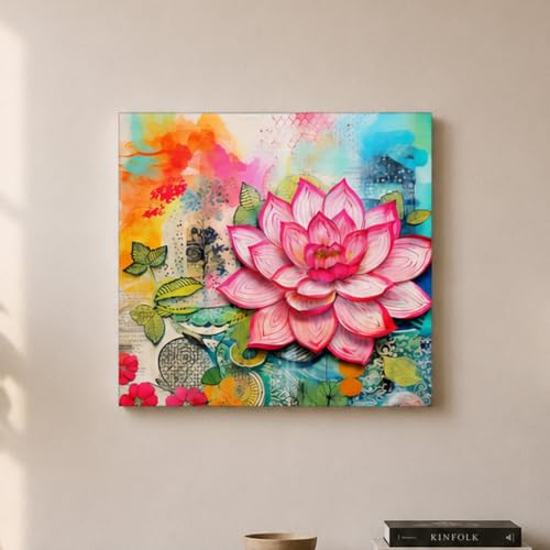 Image of PAINTINGMANTRA Abstract Lotus Floral Stretched Canvas Painting for Living Room | Modern Lotus Artwork Wall Decor Art For Livingroom, Bedroom, Office, Hallways - 16x16 Inch