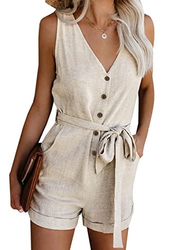 GOSOPIN Damen Jumpsuit Ärmellos Kurz Overall elegant OL Hosenanzug High Waist Frauen Playsuit Mit Taschen Gürtel Romper Sommer Belt Beige M Cover