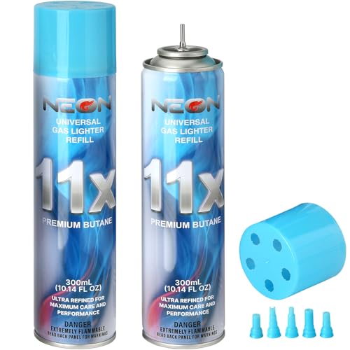 NEON Butane Fuel Refill, 11X Ultra-Refined, 300ml Premium Lighter Fluid with Metal Nozzle & 5 Butane Gas Refill Adapters for Refillable Jet Flame Lighters, Torches, and Culinary Use, 2 Cans