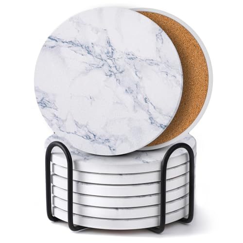 LIFVER Coasters Set of 8 for Drinks, White Marble-Style Anti-Slip Absorbent Drink Coasters with Holder, Modern Marble Stone Coaster for Home Patio Decor Coffee Bar Accessories Ideal Housewarming Gifts