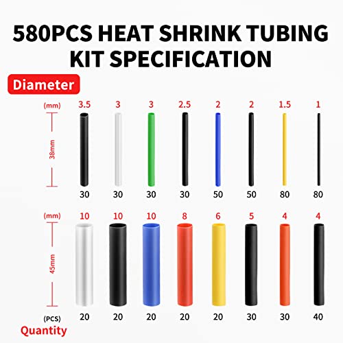 KIQIONE 580pcs Heat Shrink Tubing Wire Heat Shrink Tube Waterproof Electric Insulation Marine Heat Shrink Tube Kit for Circuit, Car, Hydropower Repair Industrial Heat-Shrink 2:1 (580pcs) - Thumbnail 2