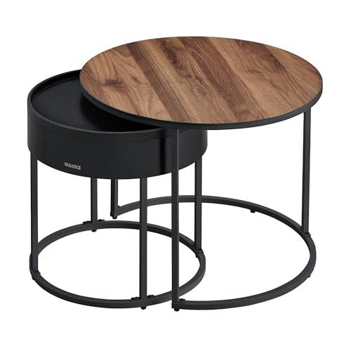 VASAGLE Mesas de Centro, Juego de 2 Mesas Auxiliares Redondas, Mesas Nido, Estilo Moderno, Almacenaje Oculto y Bandeja Superior, Salón, Dormitorio, Balcón, Nogal Natural y Negro Tinta LCT044K43