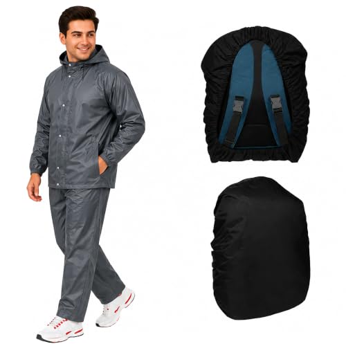 Image of Unox Rain Coat for Men waterproof with Bagpack Cover Waterproof Raincoat with Pant Set suitable for Men, Women, Boys & Girls Adjustable Top and Bottom Rain Coat