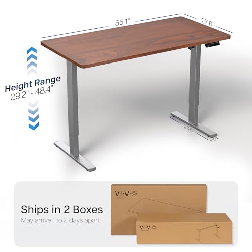 Image of VIVO Dark Walnut 55 x 28 in Standing Desk, DESK-KIT-1G55D | Electric, Holds 220 lbs, Sit Stand, Height Adjustable, Solid One-Piece Table Top, Memory Presets, 1B Series, Gray Frame