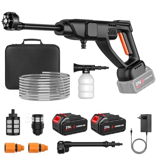 Hidrolimpiadora de Alta Presion, Hidrolimpiadora de Bateria 70 Bares con 2 BateríAs de 3 Ah, Boquilla Ajustable 6 En 1, RegulacióN De PresióN De 3 Niveles, para Limpiar Coches Y Suelos.