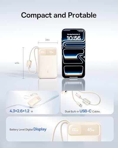 Image of Baseus 20000mAh Compact Portable Charger 45W, CCC Certified Power Bank Built-in USB-C Cables, Travel Essential PD Fast Charging Battery Pack for iPhone 17 /16 Series Galaxy S25 /S24 Ultra Google iPad