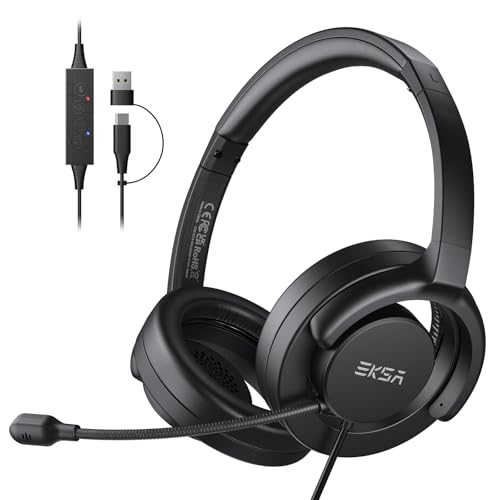 EKSA H27 PC Auriculares con Micrófono, Headset de USB A+C con Interruptor de Silencio y Control de Volumen, Sonido Estéreo Claro, Cascos con Microfono PC/Office/Call Center/Office/Skype/Zoom/Webinar