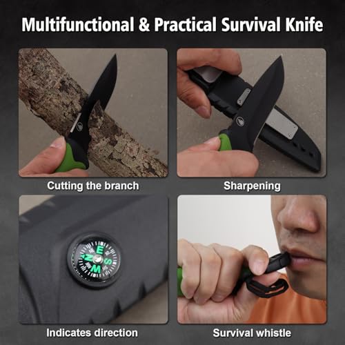 Fixed Blade Hunting Knife-Stainless Steel Blade,Fixed Blade Knife with Sheath, Fire Starter, Sharpener, Whistle and Compass,Survival Tactical Knife for Hunting,Fishing,Camping and Bushcraft