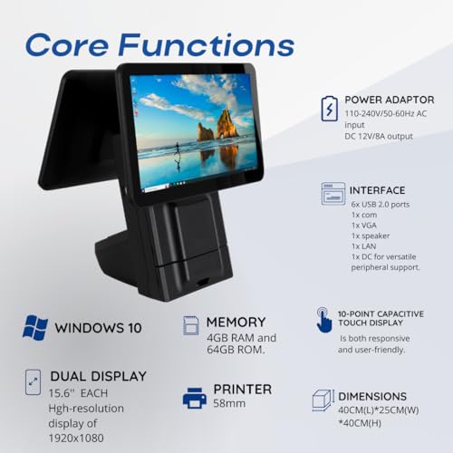 Image of All in One Point of Sale M9W with 15.6'' Dual Touch Screen. Windows 10 OS and an i3 Processor. Touch Pos with 58mm Thermal Printer for Receipts Wi-fi, 4GB RAM and 64GB ROM. (Black)