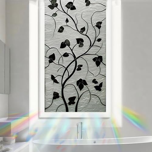 Image of Nuxovilar Frosted Black Vine Leaf Pattern Window Film 17.7x39.4 PVC | Black Vine, Embossed Cling foliage leaf sticker, privacy glass wrap for bedroom living room bathroom (Black Vine)