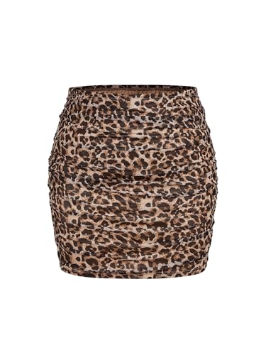 WDIRARA Women's Plus Size Leopard Print Mini Short Skirt High Waist Mesh Ruched Bodycon Skirts