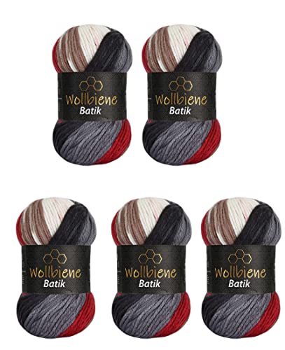 5 x 100 g Wollbiene Batik, 500 g Wool with Colour Gradient, Multicoloured, Knitting Wool, Crochet Wool (2050 Grey, Red, Brown)