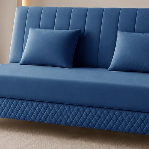 Image of Rosebell Modern 3 Seater Velvet Sofa Cum Bed with Cushion | Premium Upholstered Fabric | Tufted Backrest | Wooden Legs | Living Room Furniture | Blue