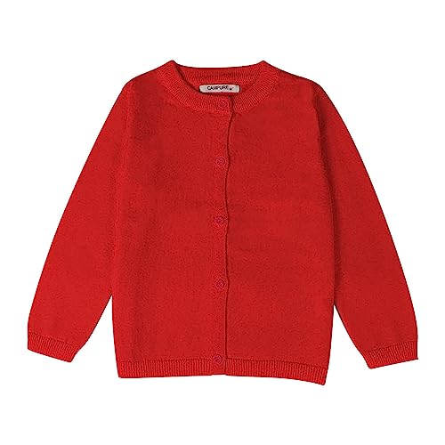 Girls Crewneck Cardigan Sweater School Uniforms Button Long Sleeve Knit Lightweight Outerwear Fall Winter Tops (Red, 5-6 Years)