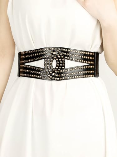Urieo Punk Rivet Stretchy Belt Leather Vintage Gold Elastic Belts Wide Dress Dresses Fashion Broad Waist Cinch Belt for Women4