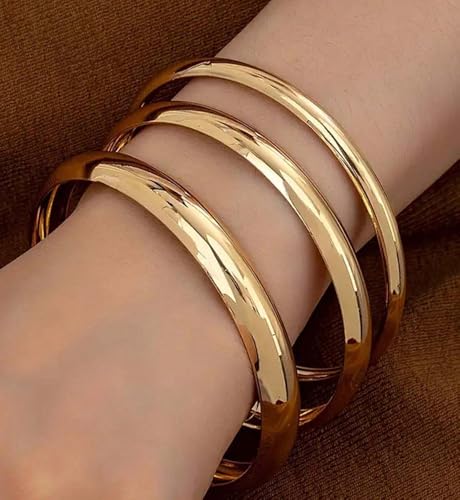 Image of Chunky Gold Bangle Bracelets for Women, Dainty 14k Gold Plated Big Stackable Bangles Set, Trendy Statement Cuff Bracelet Stack Fashion Jewelry Gifts